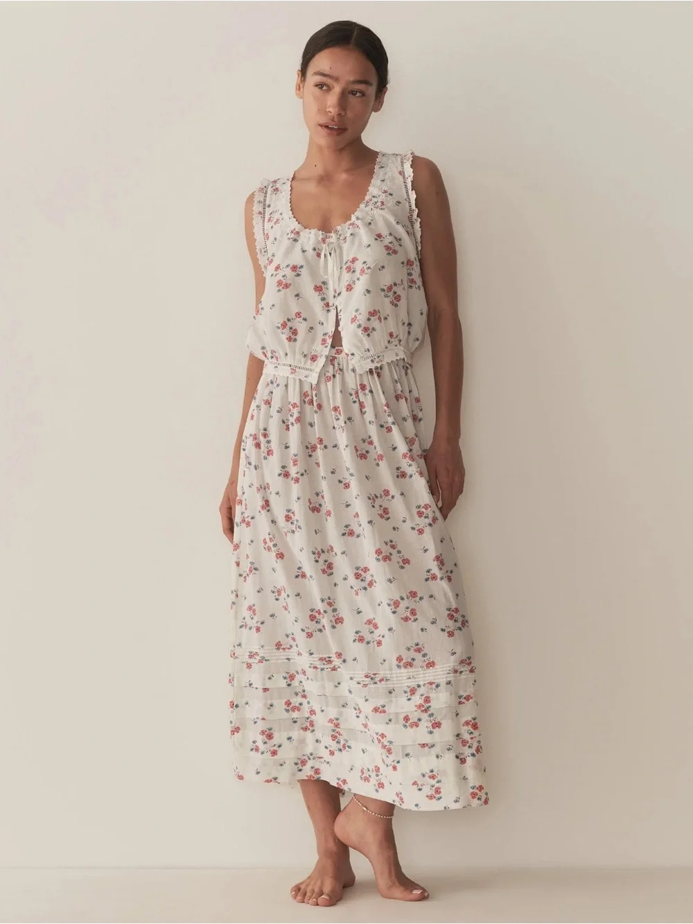 Doen Marcie Cotton Pintuck A Line Midi Maxi Skirt Poppy Fields White Red Floral